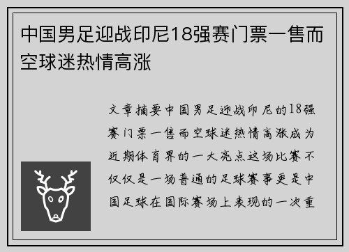 中国男足迎战印尼18强赛门票一售而空球迷热情高涨