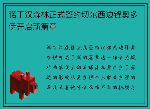 诺丁汉森林正式签约切尔西边锋奥多伊开启新篇章